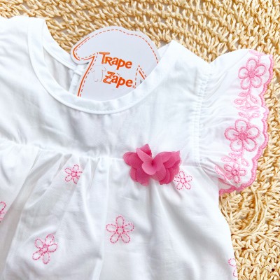 Conj. Batinha com Flores em Lese Bordado e Short - Off White e Rosa
